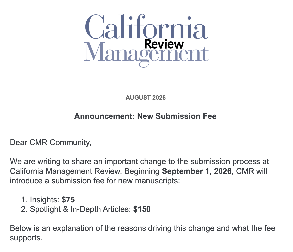 Screenshot of journal submission fee announcment by California Management Review